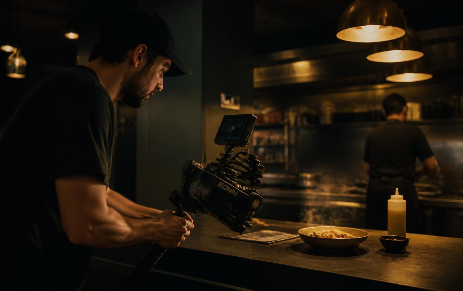 Videographer filming food in a restaurant kitchen